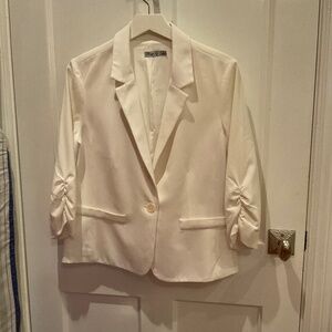 Eliza J cream dress jacket with rouched sleeve detail, L